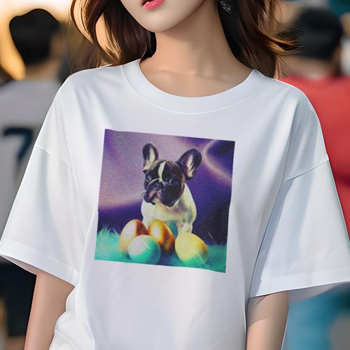 Tシャツ レディース 犬ファン 半袖 春夏 犬柄 プリント カジュアル かわいい 人間用 フィットネス ダンス イースターエッグ フレンチブルドッグ 青い羽毛 紫色の背景