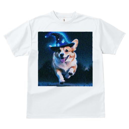 Tシャツ レディース 犬ファン 半袖 春夏 犬柄 プリント カジュアル かわいい 人間用 フィットネス ダンス 魔法使いの帽子 ウェルシュコーギー 夜空 星 魔法
