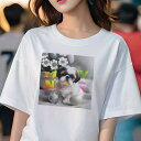 Tシャツ レディース 犬ファン 半袖 春夏 犬柄 プリント カジュアル かわいい 人間用 フィットネス ダンス 花 狆 タマゴ PARTY NIGHT(4)