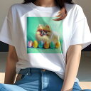 Tシャツ レディース 犬ファン 半袖 春夏 犬柄 プリント カジュアル かわいい 人間用 フィットネス ダンス イースターエッグ ポメラニアン 色とりどりの卵 カラフルな背景(4)