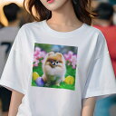 Tシャツ レディース 犬ファン 半袖 春夏 犬柄 プリント カジュアル かわいい 人間用 フィットネス ダンス イースターエッグ ポメラニアン ピンクの花 緑の草(4)