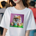 Tシャツ レディース 犬ファン 半袖 春夏 犬柄 プリント カジュアル かわいい 人間用 フィットネス ダンス 卵 ポメラニアン 復活祭 カラフル 春(4)