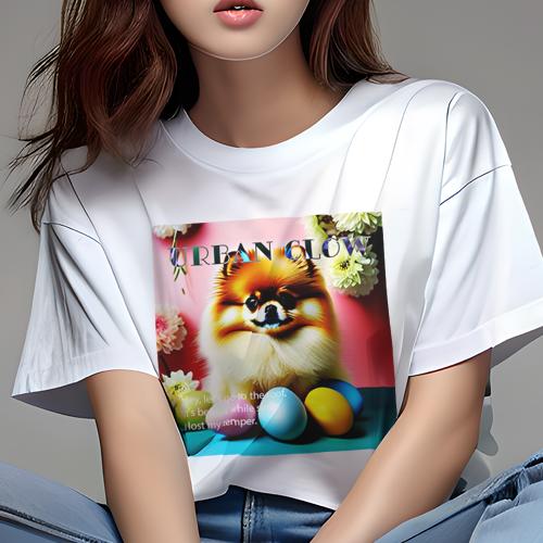 Tシャツ レディース 犬ファン 半袖 春夏 犬柄 プリント カジュアル かわいい 人間用 フィットネス ダンス 花 ポメラニアン カラフルな卵 ピンクの背景