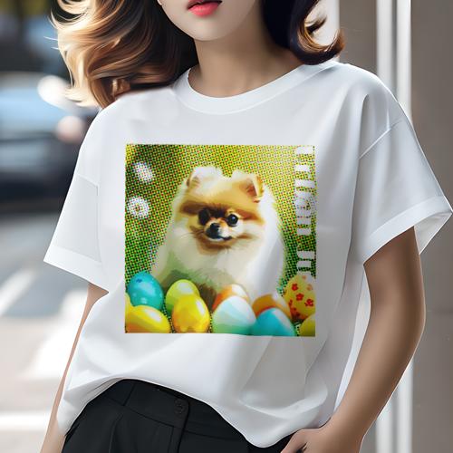 Tシャツ レディース 犬ファン 半袖 春夏 犬柄 プリント カジュアル かわいい 人間用 フィットネス ダンス カラフルな卵 ポメラニアン ポップアート イースターエッグ Tシャツ レディース 犬ファン 半袖 春夏 犬柄 プリント カジュアル かわいい 人間用 フィットネス ダンス カラフルな卵 ポメラニアン ポップアート イースターエッグ