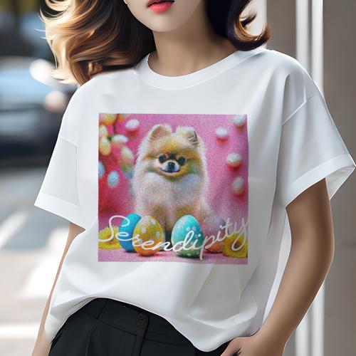 Tシャツ レディース 犬ファン 半袖 春夏 犬柄 プリント カジュアル かわいい 人間用 フィットネス ダンス イースターエッグ ポメラニアン ピンクの背景