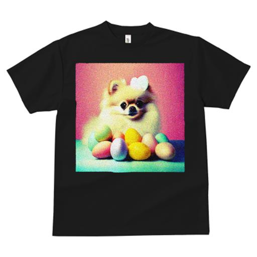 Tシャツ レディース 犬ファン 半袖 春夏 犬柄 プリント カジュアル かわいい 人間用 フィットネス ダンス 卵 ポメラニアン カラフル パステル ピンク背景