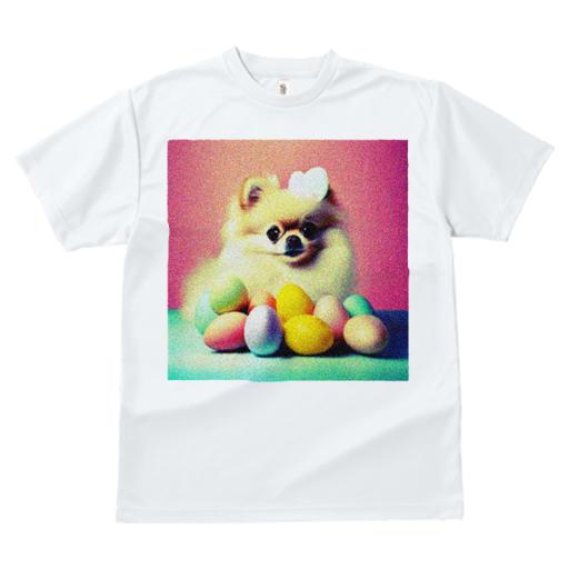 Tシャツ レディース 犬ファン 半袖 春夏 犬柄 プリント カジュアル かわいい 人間用 フィットネス ダンス 卵 ポメラニアン カラフル パステル ピンク背景