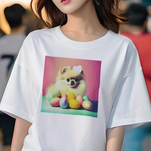 Tシャツ レディース 犬ファン 半袖 春夏 犬柄 プリント カジュアル かわいい 人間用 フィットネス ダンス 卵 ポメラニアン カラフル パステル ピンク背景 Tシャツ レディース 犬ファン 半袖 春夏 犬柄 プリント カジュアル かわいい 人間用 フィットネス ダンス 卵 ポメラニアン カラフル パステル ピンク背景