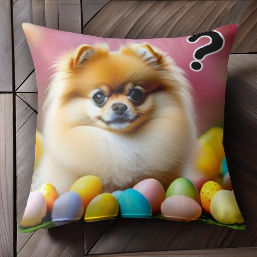 カラフルな卵 ポメラニアン 質問マーク ピンクの背景 クッションカバー 45×45cm アニマル柄 おしゃれ 可愛い クッション本体付き 正方形 犬ファン