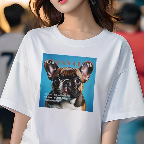 Tシャツ レディース 犬ファン 半袖 春夏 犬柄 プリント カジュアル かわいい 人間用 フィットネス ダンス 青い背景 フレンチブルドッグ テキスト