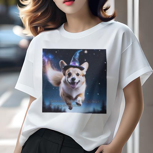Tシャツ レディース 犬ファン 半袖 春夏 犬柄 プリント カジュアル かわいい 人間用 フィットネス ダンス 魔法の帽子 コーギー 夜空 星 飛ぶ Tシャツ レディース 犬ファン 半袖 春夏 犬柄 プリント カジュアル かわいい 人間用 フィットネス ダンス 魔法の帽子 コーギー 夜空 星 飛ぶ