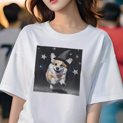 Tシャツ レディース 犬ファン 半袖 春夏 犬柄 プリント カジュアル かわいい 人間用 フィットネス ダンス 星 コーギー 魔法使いの帽子 パーティーナイト(4)