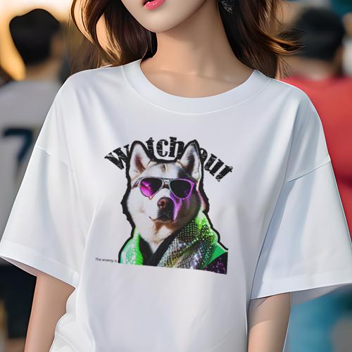 Tシャツ レディース 犬ファン 半袖 春夏 犬柄 プリント カジュアル かわいい 人間用 フィットネス ダンス サングラス シベリアンハスキー ネオンライト バンダナ Tシャツ レディース 犬ファン 半袖 春夏 犬柄 プリント カジュアル かわいい 人間用 フィットネス ダンス サングラス シベリアンハスキー ネオンライト バンダナ