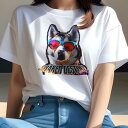 Tシャツ レディース 犬ファン 半袖 春夏 犬柄 プリント カジュアル かわいい 人間用 フィットネス ダンス サングラス シベリアンハスキー テキスト カラフル(4)