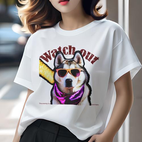 Tシャツ レディース 犬ファン 半袖 春夏 犬柄 プリント カジュアル かわいい 人間用 フィットネス ダンス サングラス シベリアンハスキー バンダナ テキスト