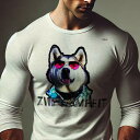 長袖Tシャツ 人間用 メンズ 秋春夏 プリント レジャー アウトドア カジュアル かわいい 犬ファン サングラス シベリアンハスキー クール ファッション スタイル(4)