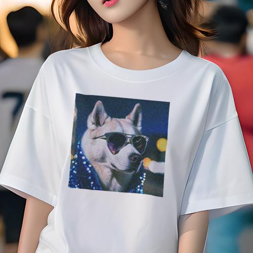 Tシャツ レディース 犬ファン 半袖 春夏 犬柄 プリント カジュアル かわいい 人間用 フィットネス ダンス サングラス シベリアンハスキー 夜 ファッション