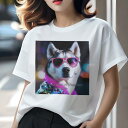 Tシャツ レディース 犬ファン 半袖 春夏 犬柄 プリント カジュアル かわいい 人間用 フィットネス ダンス サングラス シベリアンハスキー カラフルな背景 ...