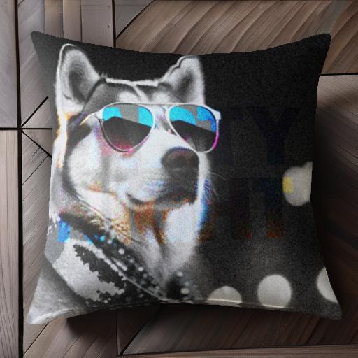 サングラス シベリアンハスキー バンダナ モノクロ 夜 クール クッションカバー 45×45cm アニマル柄 おしゃれ 可愛い クッション本体付き 正方形 犬ファン