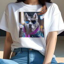 Tシャツ レディース 犬ファン 半袖 春夏 犬柄 プリント カジュアル かわいい 人間用 フィットネス ダンス サングラス シベリアンハスキー 派手なコート 夜...