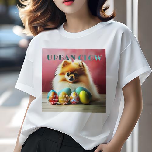 Tシャツ レディース 犬ファン 半袖 春夏 犬柄 プリント カジュアル かわいい 人間用 フィットネス ダンス イースターエッグ ポメラニアン 赤背景