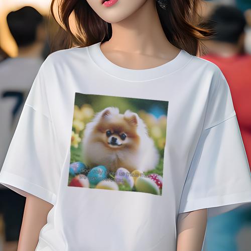 Tシャツ レディース 犬ファン 半袖 春夏 犬柄 プリント カジュアル かわいい 人間用 フィットネス ダンス イースターエッグ ポメラニアン 花