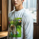 長袖Tシャツ 人間用 メンズ 秋春夏 プリント レジャー アウトドア カジュアル かわいい 犬ファン イースターエッグ ポメラニアン 緑の背景 花