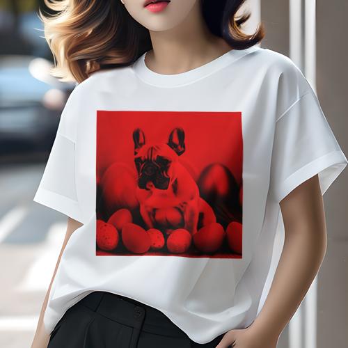 Tシャツ レディース 犬ファン 半袖 春夏 犬柄 プリント カジュアル かわいい 人間用 フィットネス ダンス 卵 フレンチブルドッグ 赤色背景 座っている犬