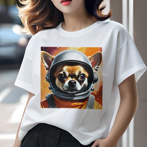 Tシャツ レディース 犬ファン 半袖 春夏 犬柄 プリント カジュアル かわいい 人間用 フィットネス ダンス 宇宙 チワワ 宇宙服 宇宙飛行士 ヘルメット