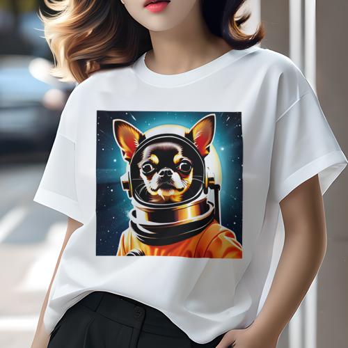 Tシャツ レディース 犬ファン 半袖 春夏 犬柄 プリント カジュアル かわいい 人間用 フィットネス ダンス 宇宙服 チワワ 宇宙 犬