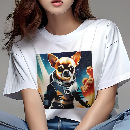 Tシャツ レディース 犬ファン 半袖 春夏 犬柄 プリント カジュアル かわいい 人間用 フィットネス ダンス 宇宙 チワワ 宇宙服 SF 惑星 スペースアドベンチャー