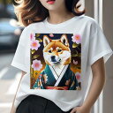 Tシャツ レディース 犬ファン 半袖 春夏 犬柄 プリント カジュアル かわいい 人間用 フィットネス ダンス 着物 柴犬 桜 和風(4)
