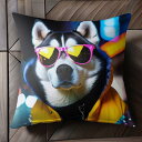 サングラス ハスキー 夜の街 ファッション フード付きジャケット ネオン クッションカバー 45×45cm アニマル柄 おしゃれ 可愛い クッション本体付き 正方形 犬ファン