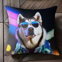サングラス シベリアンハスキー ネオンライト コート 夜景 クッションカバー 45×45cm アニマル柄 おしゃれ 可愛い クッション本体付き 正方形 犬ファン
