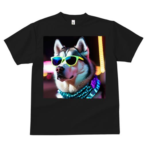 Tシャツ レディース 犬ファン 半袖 春夏 犬柄 プリント カジュアル かわいい 人間用 フィットネス ダンス サングラス シベリアンハスキー 輝くライト 夜の街
