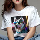 Tシャツ レディース 犬ファン 半袖 春夏 犬柄 プリント カジュアル かわいい 人間用 フィットネス ダンス サングラス シベリアンハスキー 輝くライト 夜の街(4)
