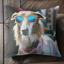 サングラス ボルゾイ コート 街 青色 クッションカバー 45×45cm アニマル柄 おしゃれ 可愛い クッション本体付き 正方形 犬ファン