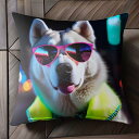 サングラス シベリアンハスキー 夜景 ネオン コート クッションカバー 45×45cm アニマル柄 おしゃれ 可愛い クッション本体付き 正方形 犬ファン