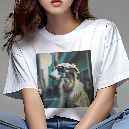 Tシャツ レディース 犬ファン 半袖 春夏 犬柄 プリント カジュアル かわいい 人間用 フィットネス ダンス サングラス ボルゾイ 街 虹色の首輪