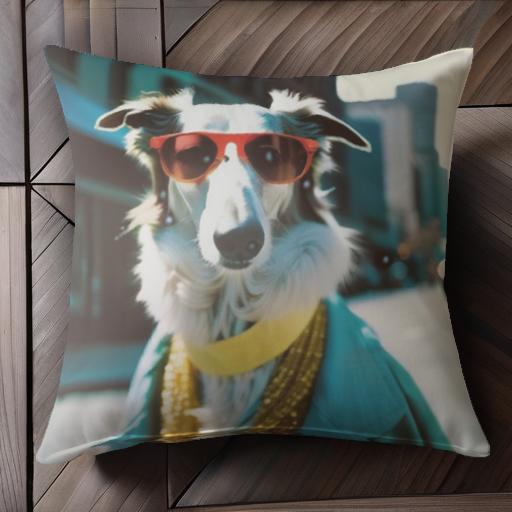 サングラス ボルゾイ マフラー 街 ビル クッションカバー 45×45cm アニマル柄 おしゃれ 可愛い クッション本体付き 正方形 犬ファン