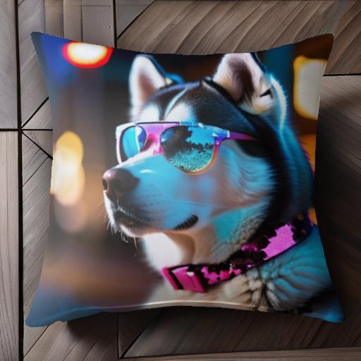 サングラス シベリアンハスキー 夜 都会 ライト クッションカバー 45×45cm アニマル柄 おしゃれ 可愛い クッション本体付き 正方形 犬ファン