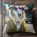 サングラス ボルゾイ コート 街 タクシー ビル クッションカバー 45×45cm アニマル柄 おしゃれ 可愛い クッション本体付き 正方形 犬ファン