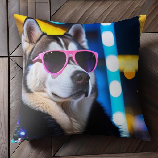 サングラス シベリアンハスキー ネオンライト 夜 クッションカバー 45×45cm アニマル柄 おしゃれ 可愛い クッション本体付き 正方形 犬ファン