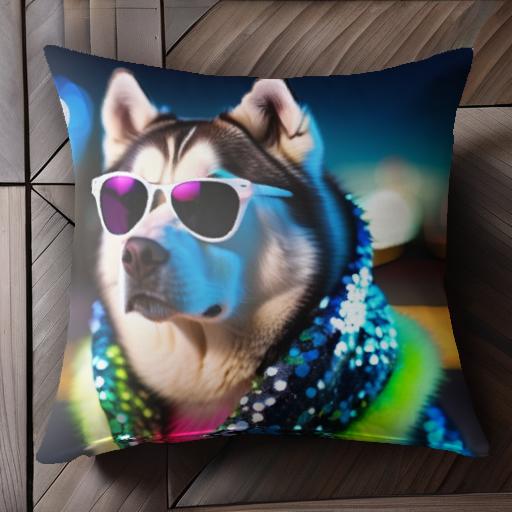 サングラス シベリアンハスキー 派手なマフラー 夜の街 クッションカバー 45×45cm アニマル柄 おしゃれ 可愛い クッション本体付き 正方形 犬ファン