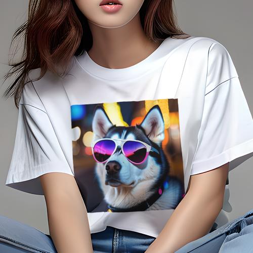 Tシャツ レディース 犬ファン 半袖 春夏 犬柄 プリント カジュアル かわいい 人間用 フィットネス ダンス サングラス シベリアンハスキー カラフル 夜景 Tシャツ レディース 犬ファン 半袖 春夏 犬柄 プリント カジュアル かわいい 人間用 フィットネス ダンス サングラス シベリアンハスキー カラフル 夜景
