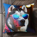 サングラス シベリアンハスキー 夜 ネオンサイン 街灯 クッションカバー 45×45cm アニマル柄 おしゃれ 可愛い クッション本体付き 正方形 犬ファン
