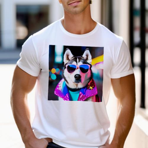 楽天フロントップ楽天市場店Tシャツ メンズ キッズ 犬ファン 半袖 春夏 犬柄 プリント カジュアル かわいい 人間用 フィットネス ダンス サングラス シベリアンハスキー カラフル きらきら 街並み 夜景