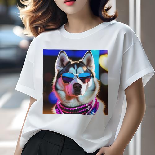Tシャツ レディース 犬ファン 半袖 春夏 犬柄 プリント カジュアル かわいい 人間用 フィットネス ダンス サングラス シベリアンハスキー ネオン 夜景