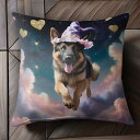 魔法の帽子 ジャーマンシェパードドッグ 雲 ハート 夜空 クッションカバー 45×45cm アニマル柄 おしゃれ 可愛い クッション本体付き 正方形 犬ファン
