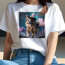 Tシャツ レディース 犬ファン 半袖 春夏 犬柄 プリント カジュアル かわいい 人間用 フィットネス ダンス 魔法の帽子 ジャーマンシェパード 空 雲 星(4)